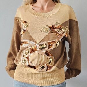 VTG ESCADA Jeweled Snake 100% Cotton Pullover Sweater Gold Medium